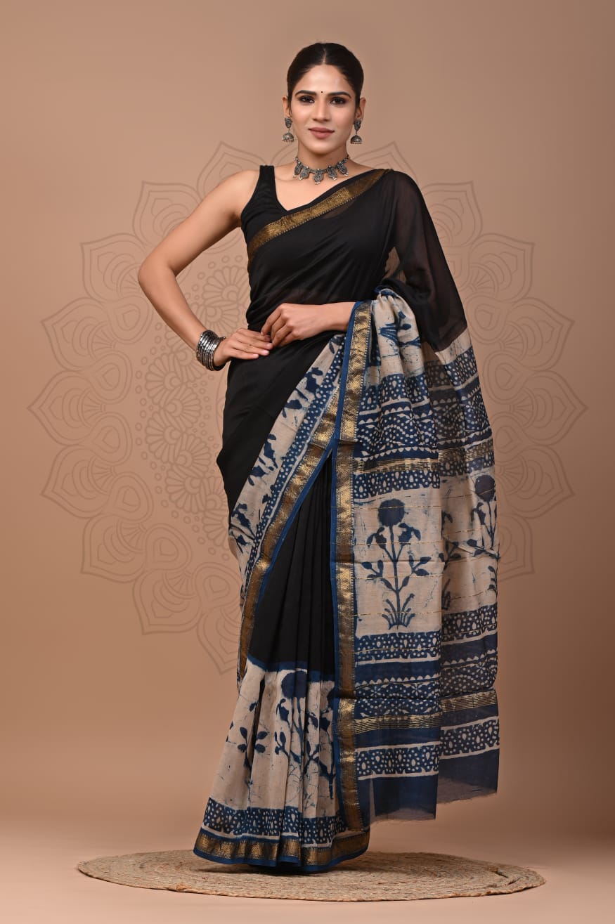Padma - Bagru Hand Block Printed Silk Cotton Saree