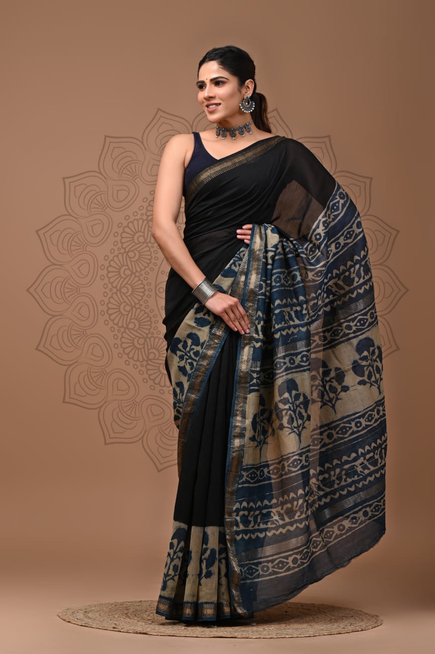 Padma - Bagru Hand Block Printed Silk Cotton Saree