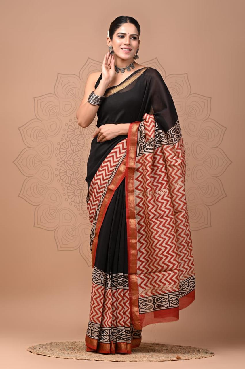 Padma - Bagru Hand Block Printed Silk Cotton Saree