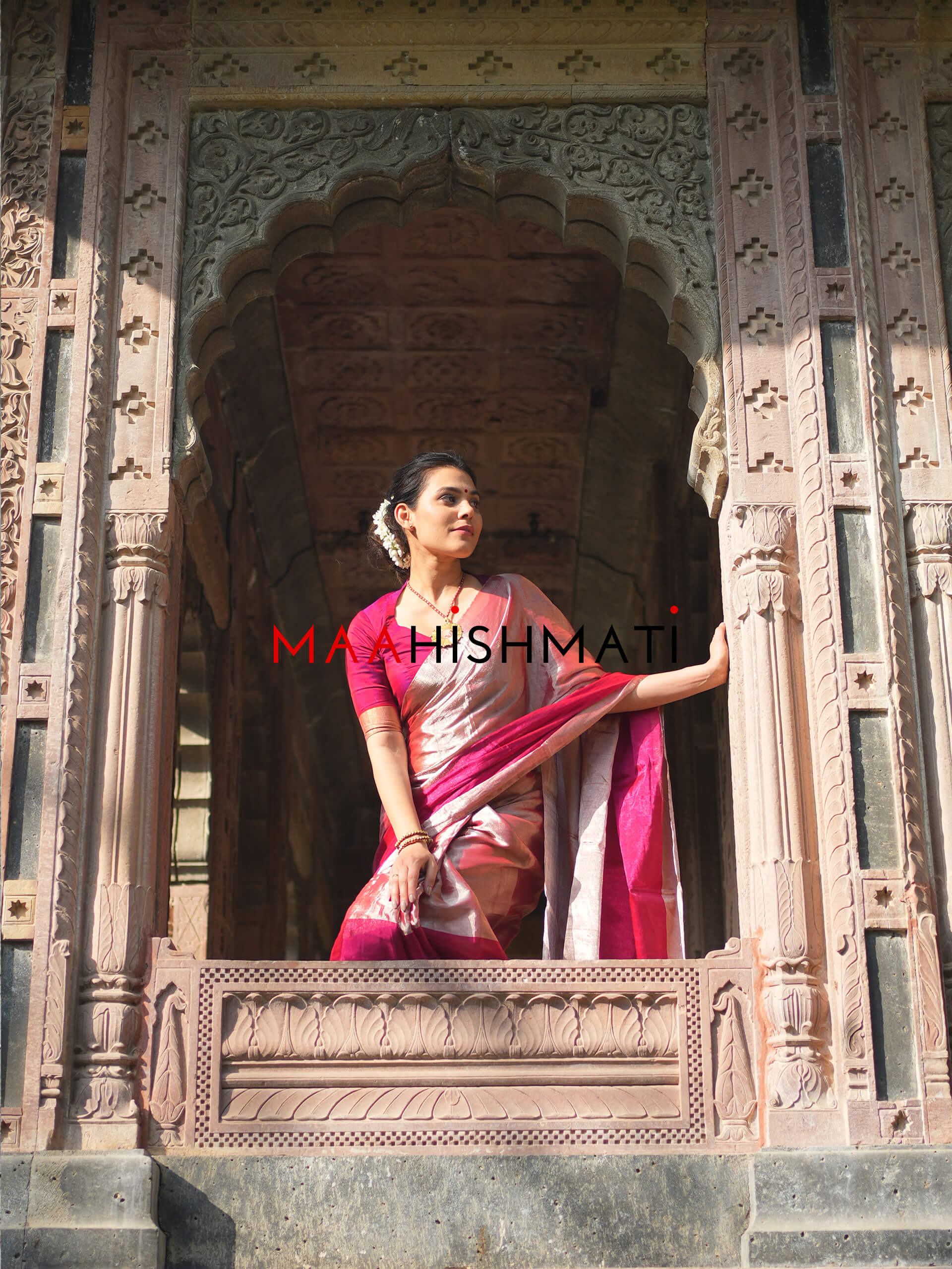 Handloom Chanderi Saree with Temple Style Copper Resham Weaving