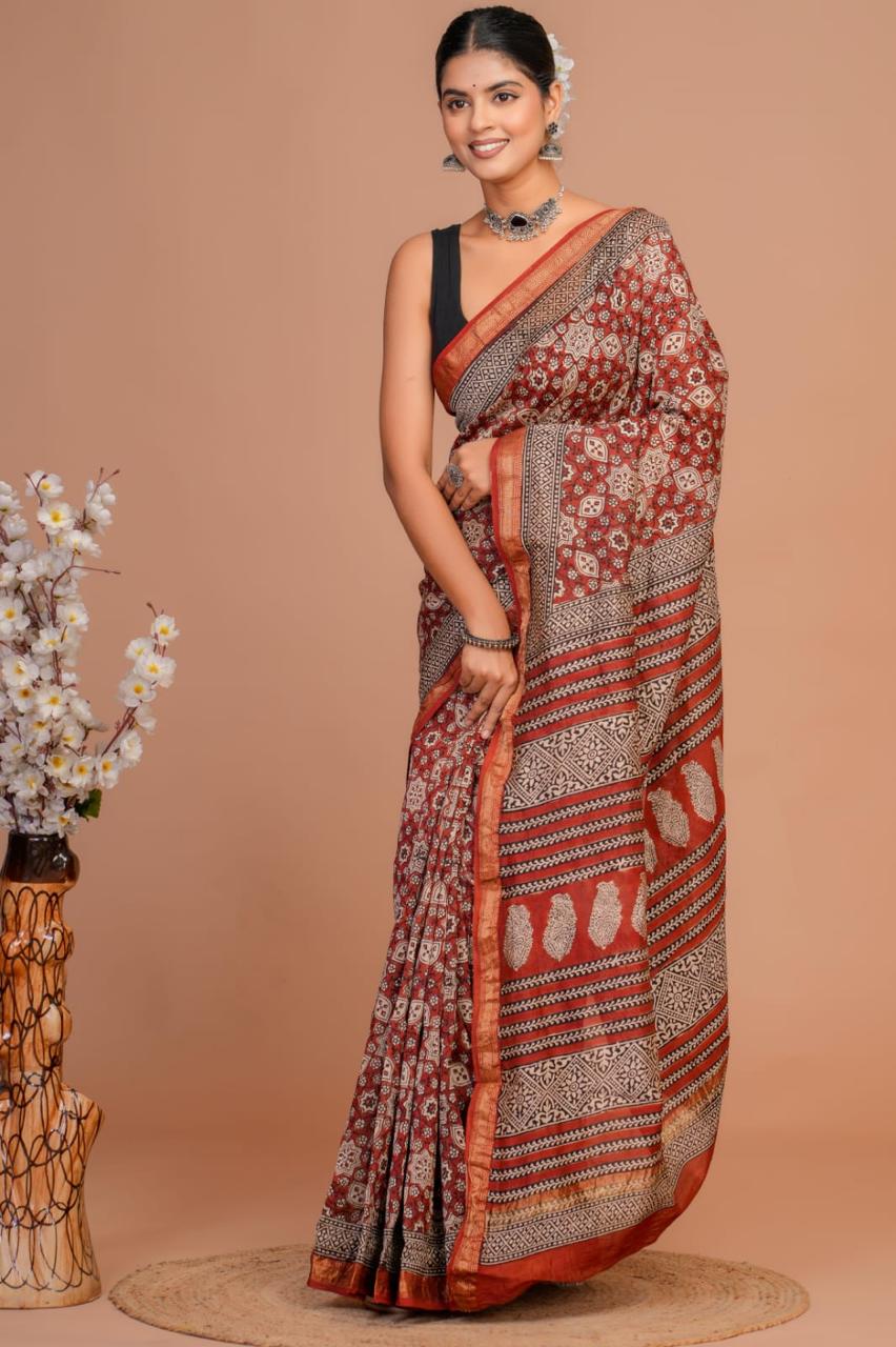 Ridhima - Bagru Hand Block Printed Silk Saree