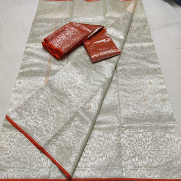 Kusum Kota Handloom Jhmawar Silk Sari with real Gold and Silver Zari - Off White