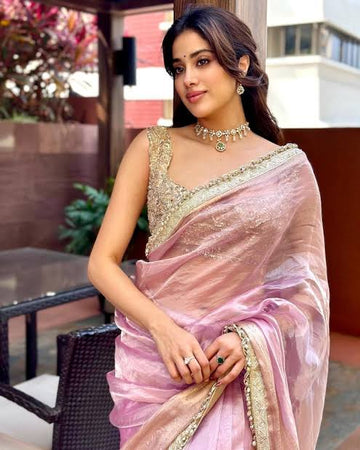 Janhvi Kapoor Chanderi Tissue Silk Saree - Pink