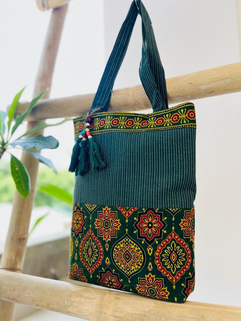 Saesha - Ajrakh Hand-block Printed Kantha Emboridery with Mirror Work Tote Bag - 15x 16 inches