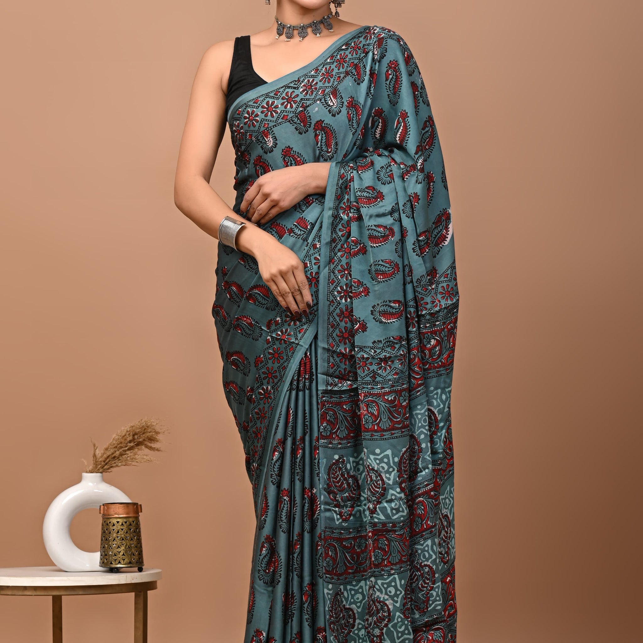 Akshita - Bagru Hand Block Printed Modal Silk Saree