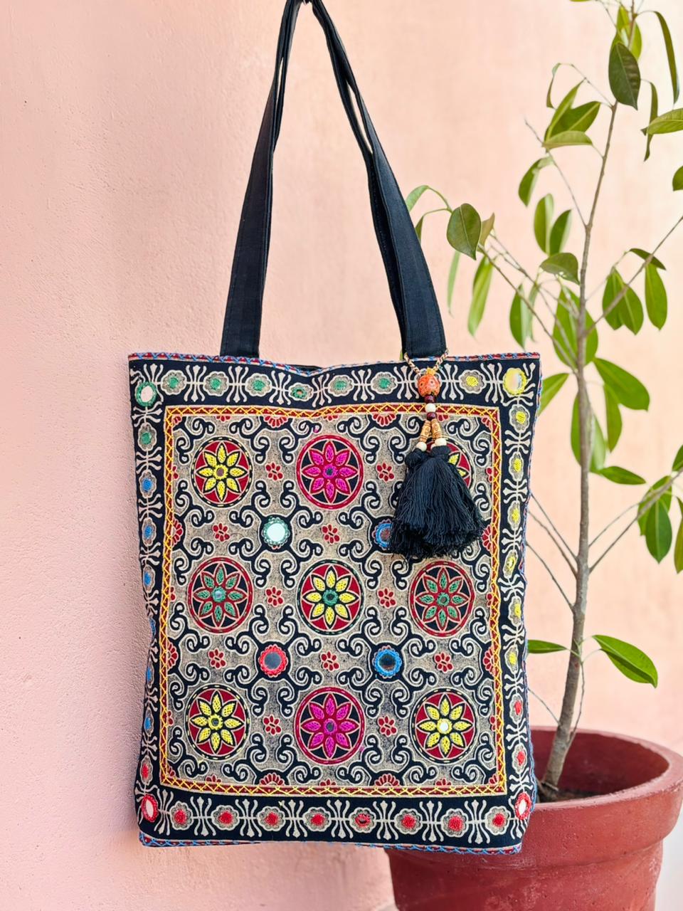 Saesha - Ajrakh Hand-block Printed Kantha Emboridery with Mirror Work Tote Bag - 15x 16 inches