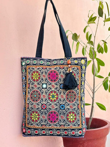 Saesha - Ajrakh Hand-block Printed Kantha Emboridery with Mirror Work Tote Bag - 15x 16 inches