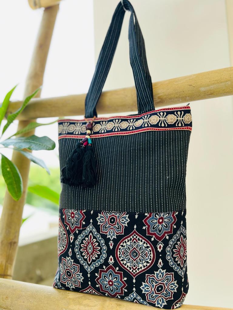 Saesha - Ajrakh Hand-block Printed Kantha Emboridery with Mirror Work Tote Bag - 15x 16 inches