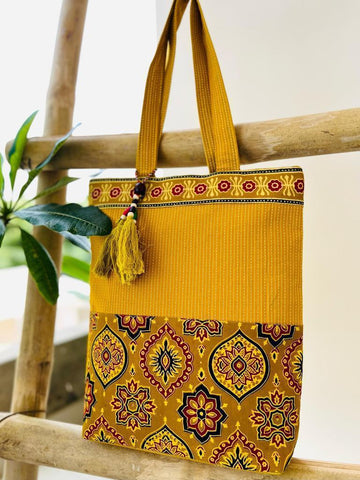 Saesha - Ajrakh Hand-block Printed Kantha Emboridery with Mirror Work Tote Bag - 15x 16 inches