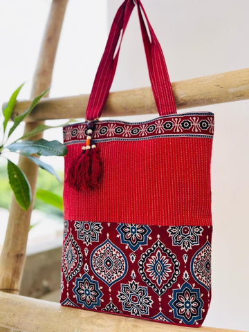 Saesha Ajrakh Hand-block Printed Kantha Emboridery with Mirror Work