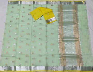 Sumedha Kota Handloom Silk Sari with real Gold and Silver Zari - Green