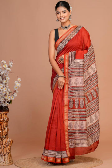 Ridhima - Bagru Hand Block Printed Silk Saree