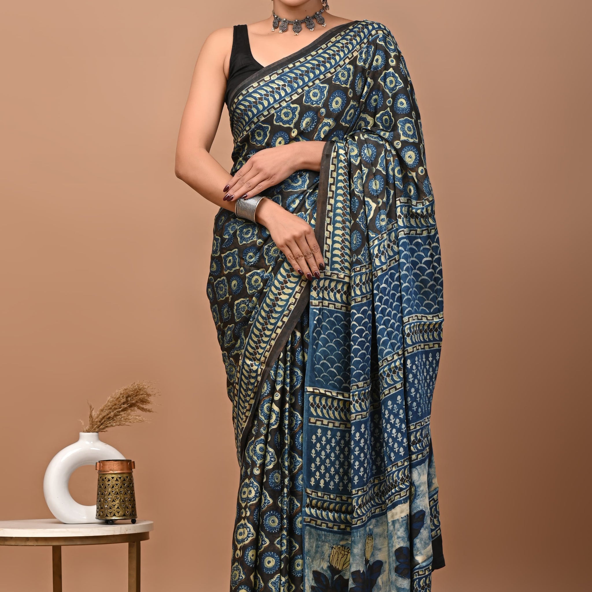 Akshita - Bagru Hand Block Printed Modal Silk Saree