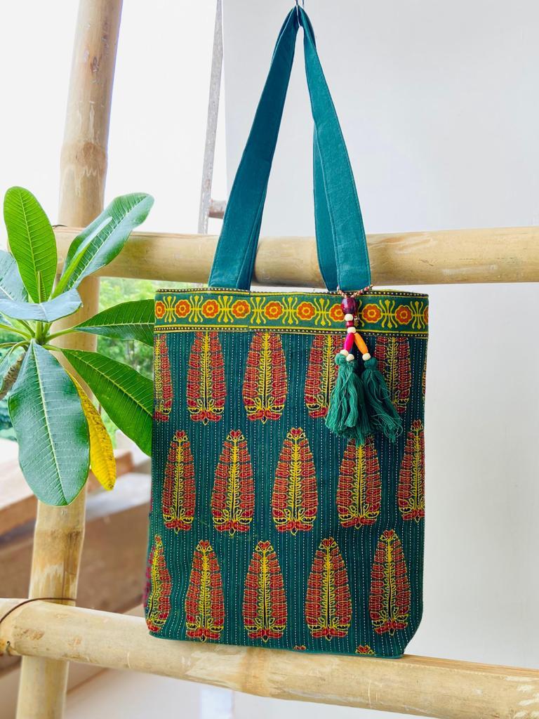 Saesha - Ajrakh Hand-block Printed Kantha Emboridery with Mirror Work Tote Bag - 15x 16 inches