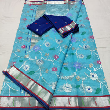 Bhagirathi Kota Handloom Silk Sari with real Gold and Silver Zari - Blue