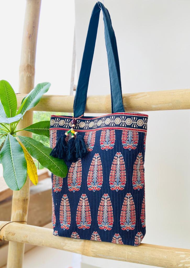 Saesha - Ajrakh Hand-block Printed Kantha Emboridery with Mirror Work Tote Bag - 15x 16 inches