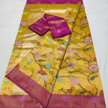 Sushma Kota Handloom Jhmawar Silk Sari with real Gold and Silver Zari - Yellow Gold