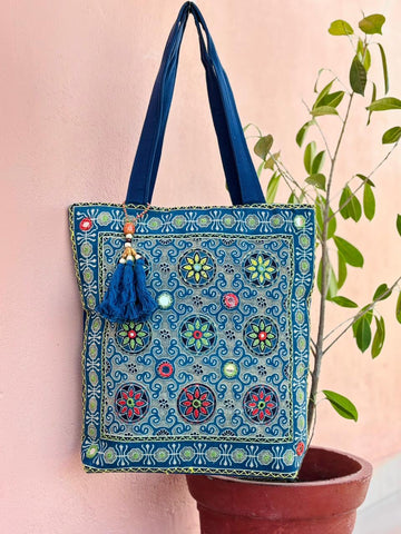 Saesha - Ajrakh Hand-block Printed Kantha Emboridery with Mirror Work Tote Bag - 15x 16 inches