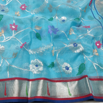 Bhagirathi Kota Handloom Silk Sari with real Gold and Silver Zari - Blue