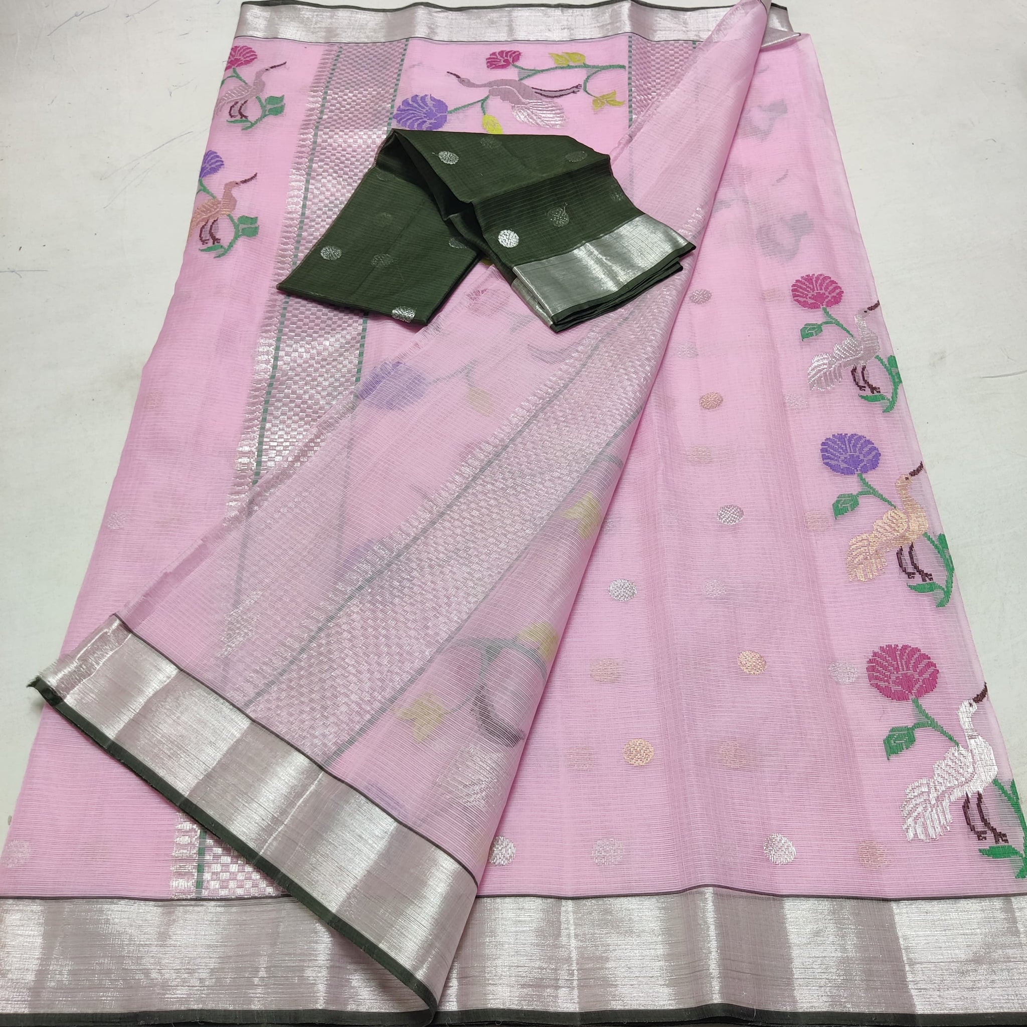 Janki Kota Handloom Silk Sari with real Silver Zari - Pink