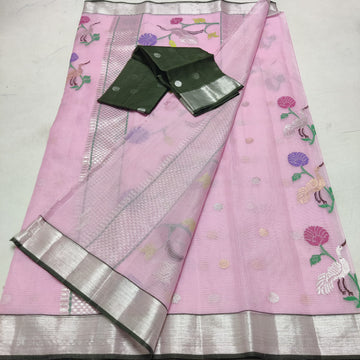 Janki Kota Handloom Silk Sari with real Silver Zari - Pink