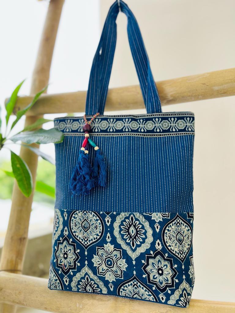 Saesha - Ajrakh Hand-block Printed Kantha Emboridery with Mirror Work Tote Bag - 15x 16 inches