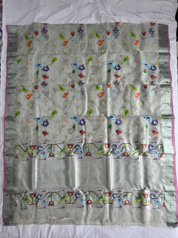 Rommina Kota Handloom Tissue Silk Sari with Real Silver Zari - White