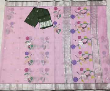 Janki Kota Handloom Silk Sari with real Silver Zari - Pink