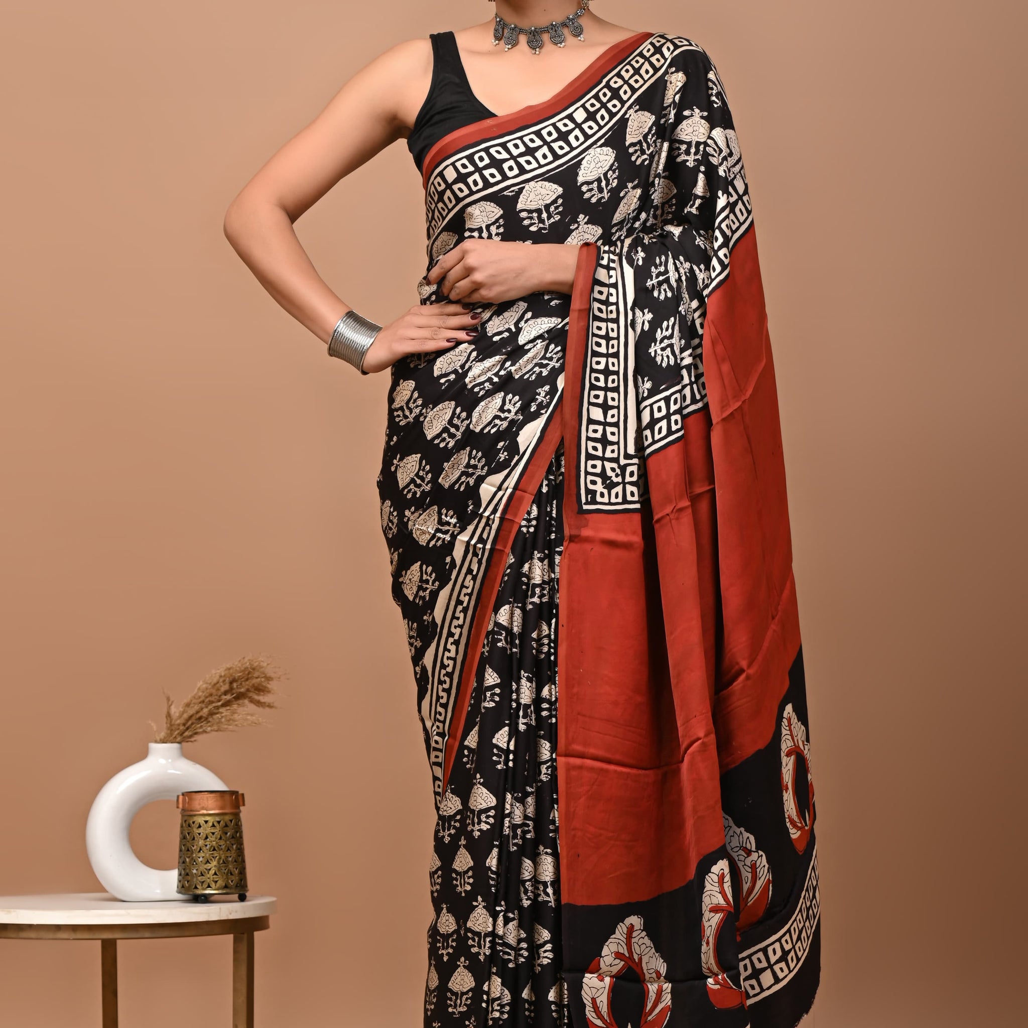 Akshita - Bagru Hand Block Printed Modal Silk Saree