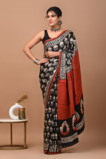 Akshita - Bagru Hand Block Printed Modal Silk Saree