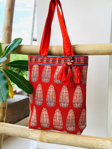 Saesha - Ajrakh Hand-block Printed Kantha Emboridery with Mirror Work Tote Bag - 15x 16 inches