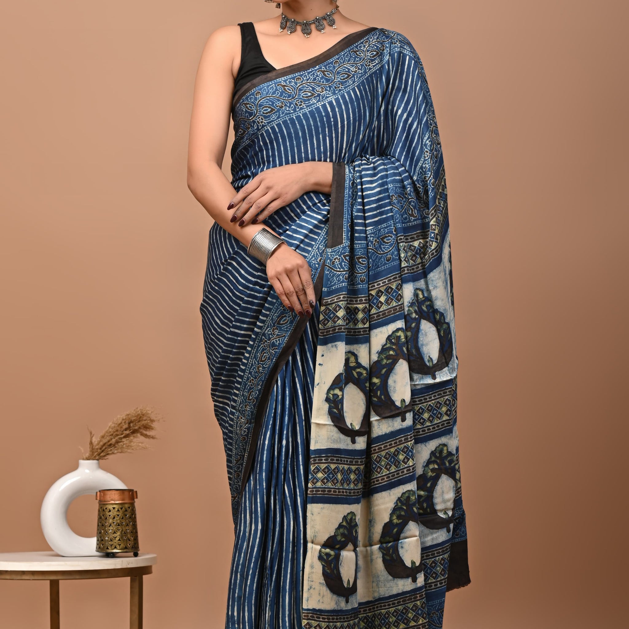 Akshita - Bagru Hand Block Printed Modal Silk Saree