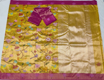 Sushma Kota Handloom Jhmawar Silk Sari with real Gold and Silver Zari - Yellow Gold