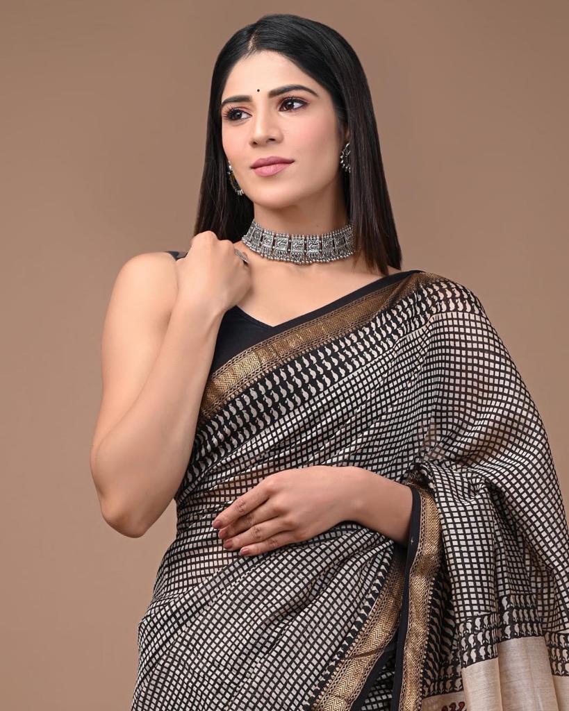Beige - Maheshwari Silk Bagru Hand Block Print 3pc Unstitched Dress Material 22