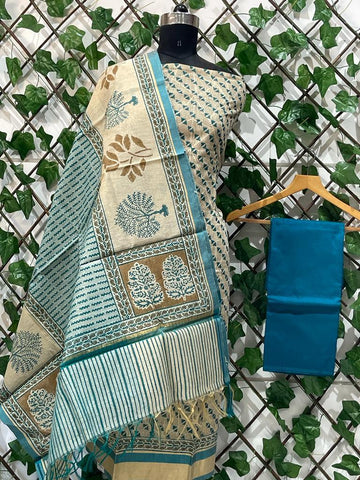 Aarna - Maheshwari Silk & Cotton hand-block printed Suit material with Dupatta & Bottom