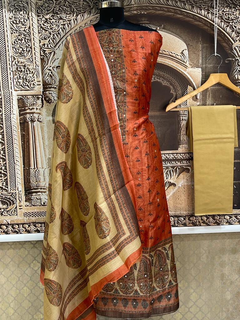 Kaveri - Silk & Cotton screen printed Suit material with Dupatta & Cotton Bottom