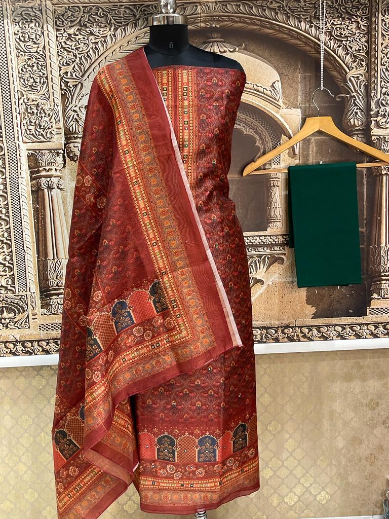 Kaveri - Silk & Cotton screen printed Suit material with Dupatta & Cotton Bottom