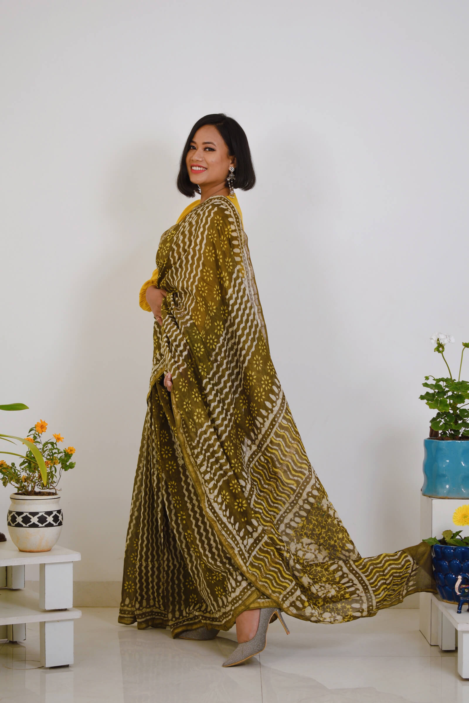 Olive Yellow Cotton Chanderi salwar with all-over hand block print.