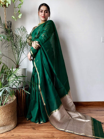 Pooja - पूजा Maheshwari Handloom Silk by Cotton Saree with Jute Pallu
