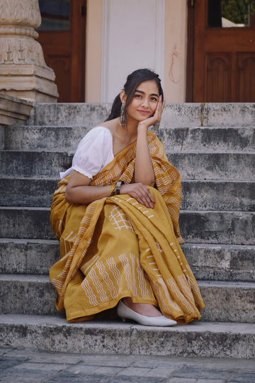 Ritika - Dabu Print - Mustard Yellow Maheshwari Handloom Silk Cotton Saree