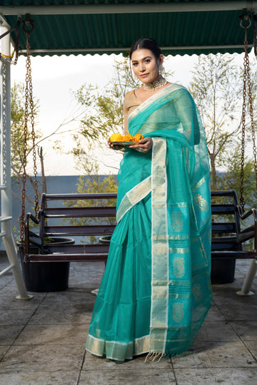 Pratistha - Maheshwari Handloom Silk Saree with Golden Butties on Pallu & Zari Border