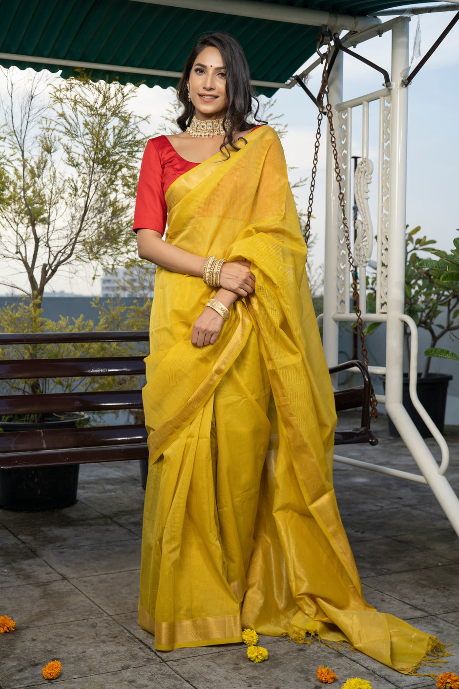 Orange - Traditional Maheshwari Silk Handloom Stole with Tassels