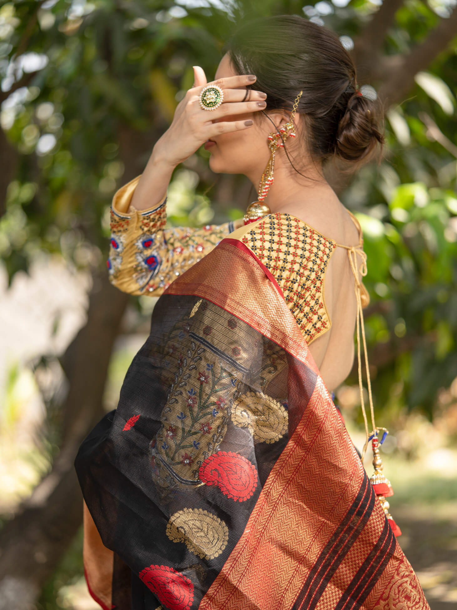 Stylish Orange Handloom Banarasi Silk Boat Neck Blouse – Luxurion World