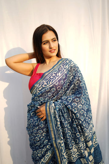 Pooja - Indigo Print - Maheshwari Handloom Silk Cotton Saree