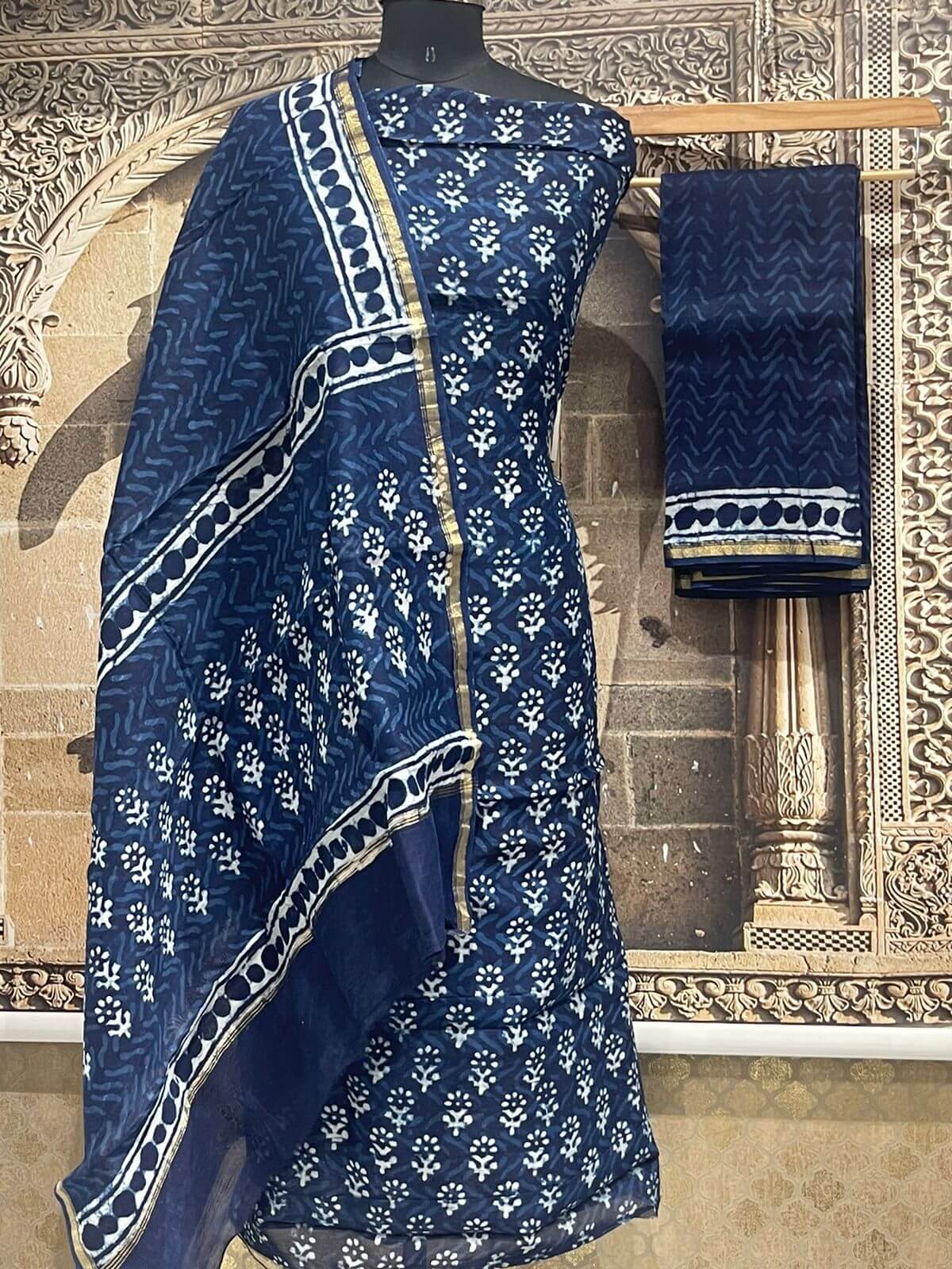 Maheshwari Suit Dress Material with Indigo Print Design