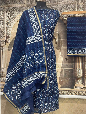 Maheshwari Suit Dress Material with Indigo Print Design
